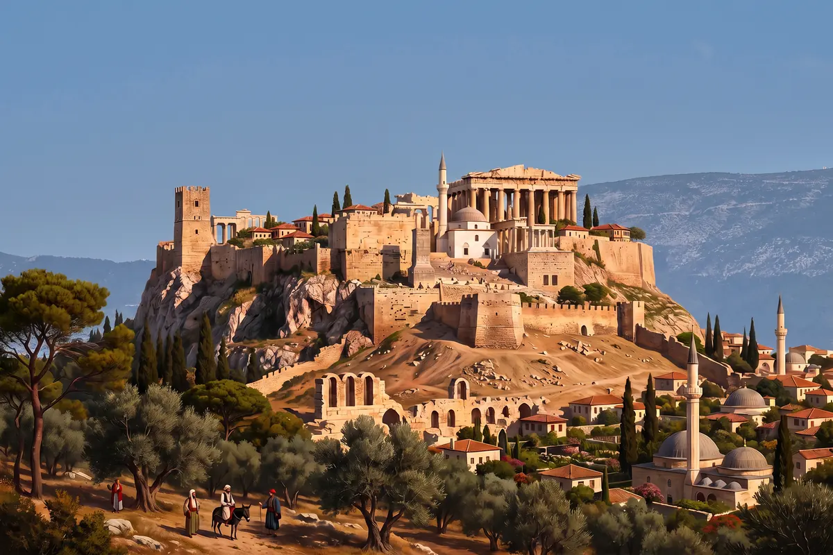 KI-Vision: die Akropolis um 1750 vom Pnyx aus, der Parthenon als Ruine mit einer kleinen Moschee in der Mitte, Häuser und ein mittelalterlicher Turm auf dem Felsen, die osmanische Stadt darunter