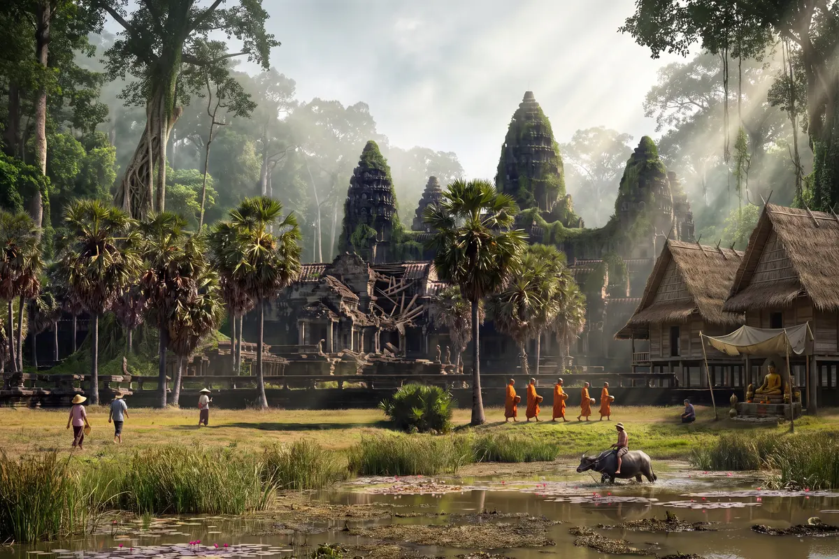 KI-Vision: Angkor Wat um 1600 als buddhistisches Kloster, hohe Bäume und Würgefeigen an den Galerien, bemooster Sandstein, ein eingestürztes Galeriedach, verlandeter Teich, Holzhallen und ein Buddha-Schrein, Mönche in Orange, ein Mann auf einem Wasserbüffel