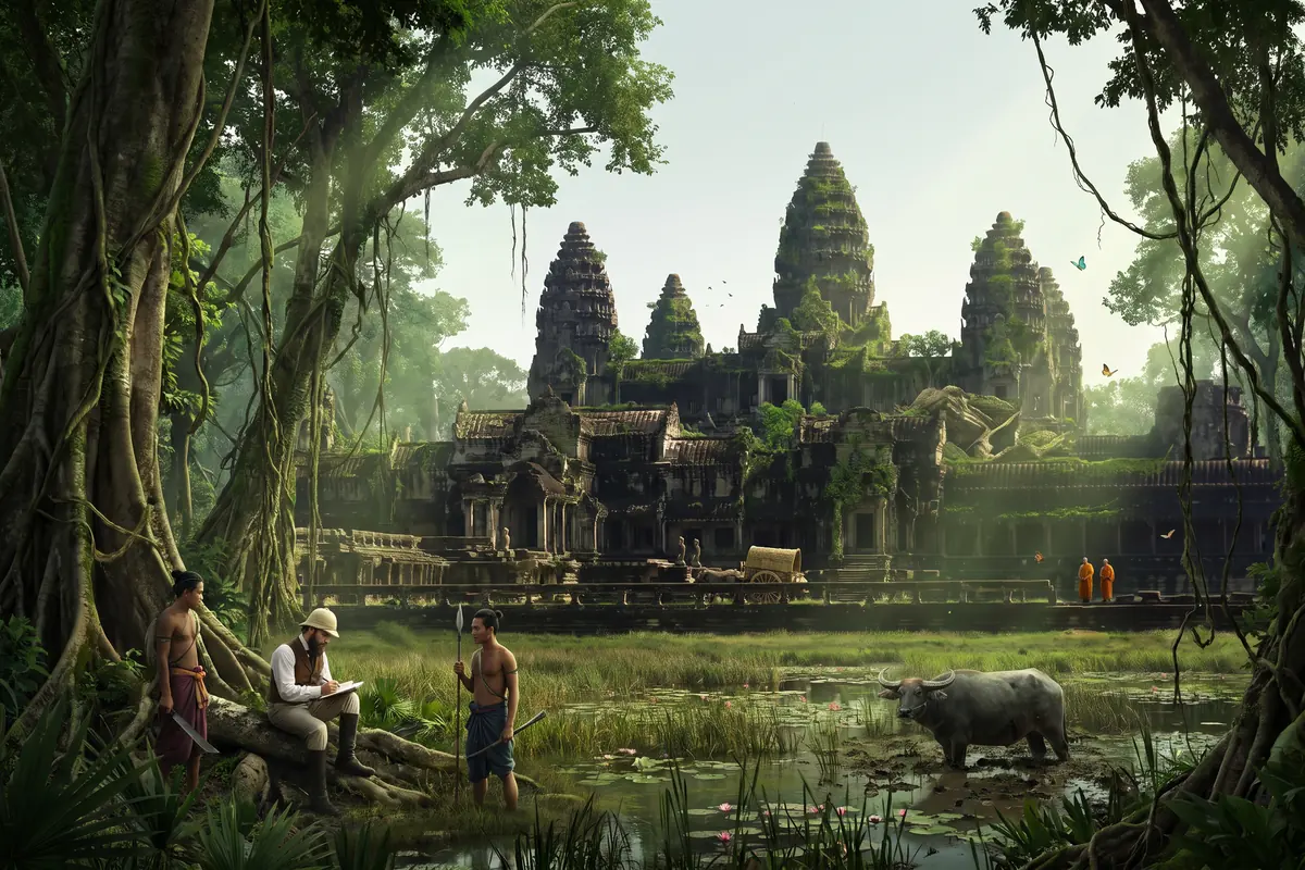 KI-Vision: Angkor Wat im Januar 1860, dichter Dschungel mit Brettwurzeln und Lianen, dunkle bemooste Türme, eingestürzte Dächer mit Bäumen, ein Sumpf mit Wasserbüffel, Henri Mouhot mit Skizzenbuch auf einem Stein, Khmer-Führer, ein Ochsenkarren, zwei Mönche