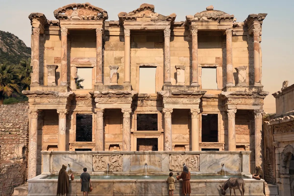 AI vision: the facade of the Library of Celsus around 400 AD as a fountain, a long water basin with relief slabs in front, people with jugs
