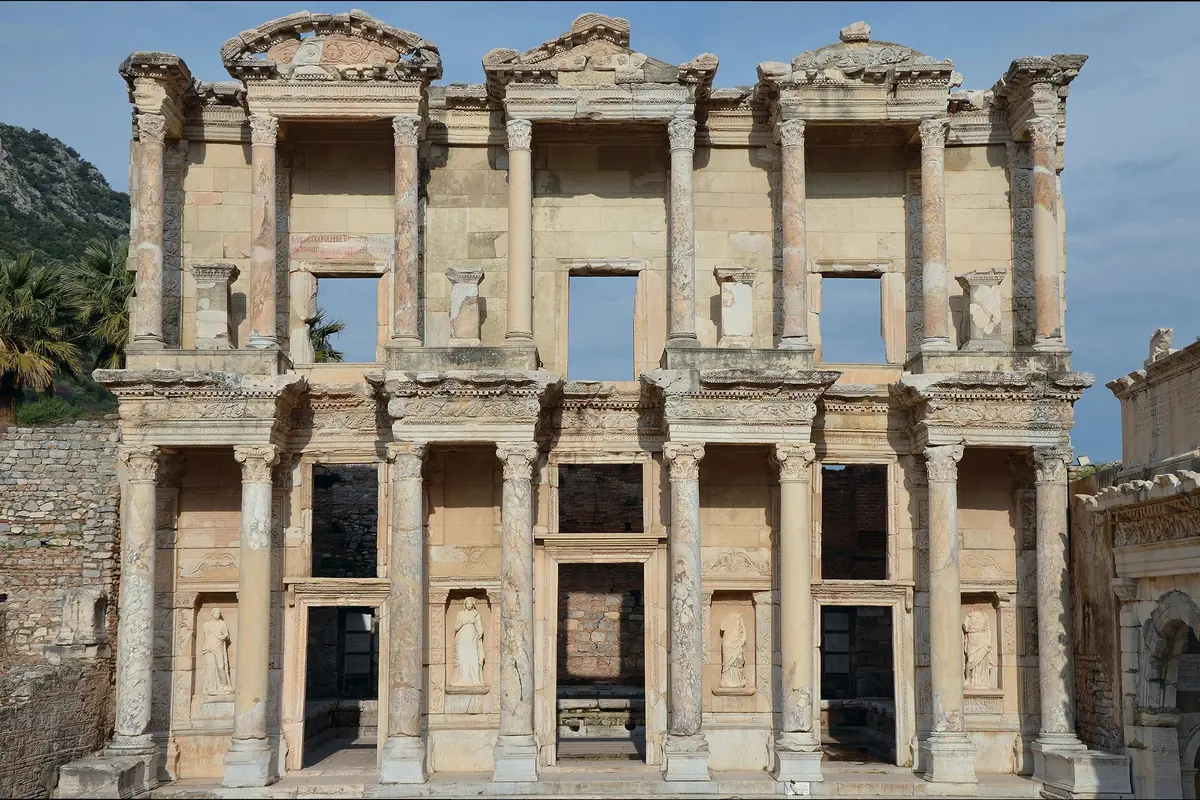 The facade of the Library of Celsus in Ephesus, photographed on 8 April 2015