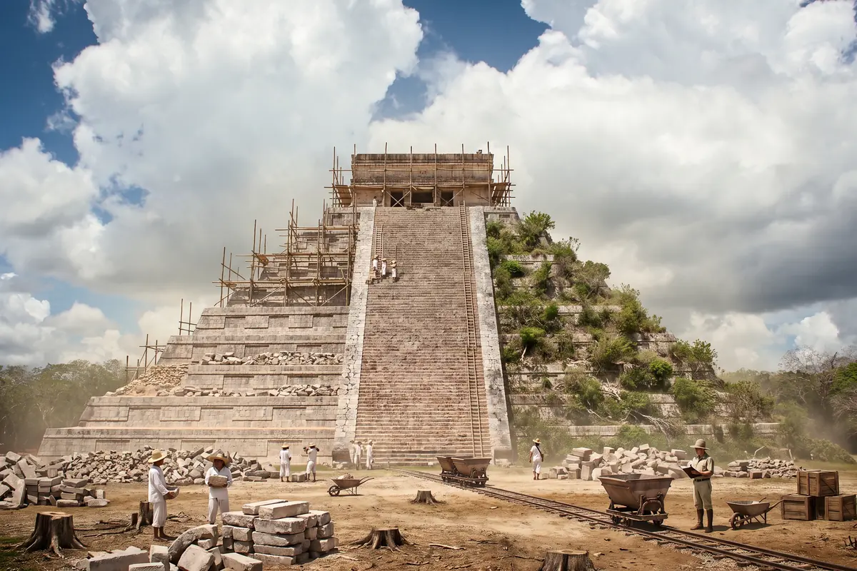 KI-Vision: die Restaurierung der Kukulcán-Pyramide um 1930, Nordseite und Treppe freigelegt mit Holzgerüsten, Ostseite noch überwachsen, Feldbahngleise, Kipploren, Steinstapel, Arbeiter in weißer Baumwolle