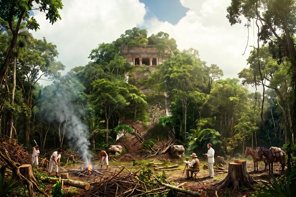 KI-Vision: Chichén Itzá im März 1842, die Kukulcán-Pyramide als bewaldeter Hügel mit dem Tempel oben, eine frisch geschlagene Lichtung, Männer mit Macheten, ein Zeichner an der Camera lucida, ein Mann im weißen Anzug, Maultiere