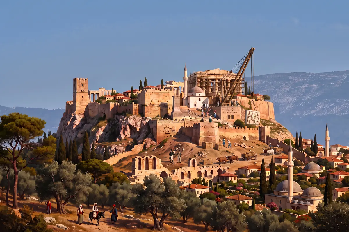 KI-Vision: der Abbau der Parthenon-Skulpturen um 1802 vom Pnyx aus, Gerüste und Flaschenzüge am Parthenon, eine Reliefplatte wird zu Ochsenkarren am Hang abgeseilt