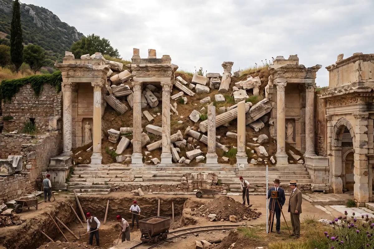 AI vision: the excavation of the Library of Celsus in 1904, a heap of collapsed marble blocks and columns in a trench, workers with wheelbarrows, archaeologists with a camera