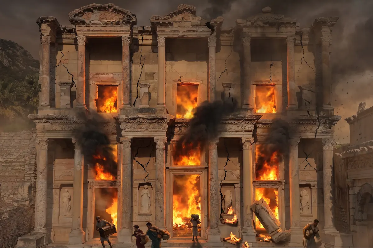 AI vision: the burning Library of Celsus after the earthquake of 262 AD, flames and smoke from portals and windows, cracks in the facade, people fleeing