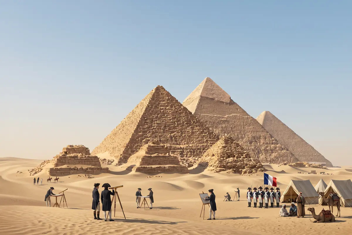 KI-Vision: die Pyramiden von Gizeh im Herbst 1798, Gelehrte der französischen Expedition mit Messtischen, Fernrohren und Zeichenbrettern, französische Soldaten in Uniform und eine Trikolore, Kamele und Beduinen, Sand bis hoch an die Basis der Pyramiden