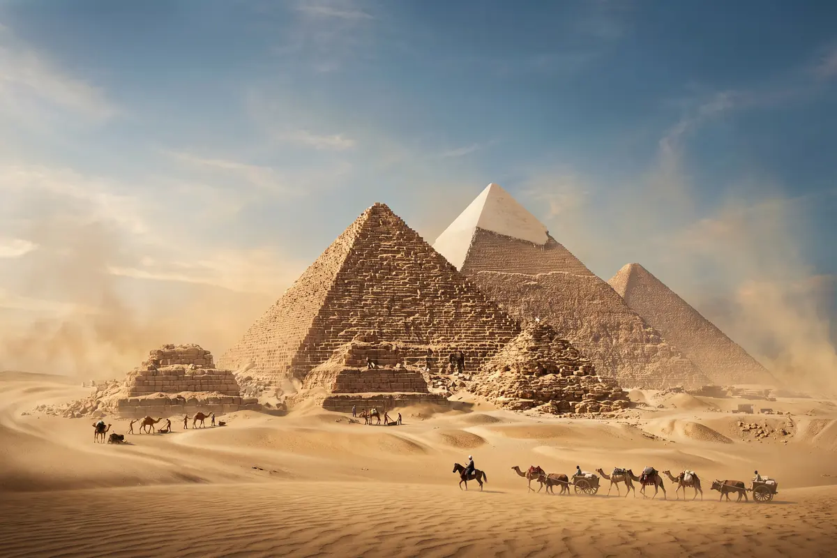 KI-Vision: die Pyramiden von Gizeh 1356, Arbeiter brechen Verkleidungsblöcke ab und laden sie auf Kamele und Ochsenkarren, Cheops und Mykerinos schon größtenteils entkleidet, Chephren behält die Spitze, Sanddünen am Fuß, ein Mamluken-Aufseher zu Pferd