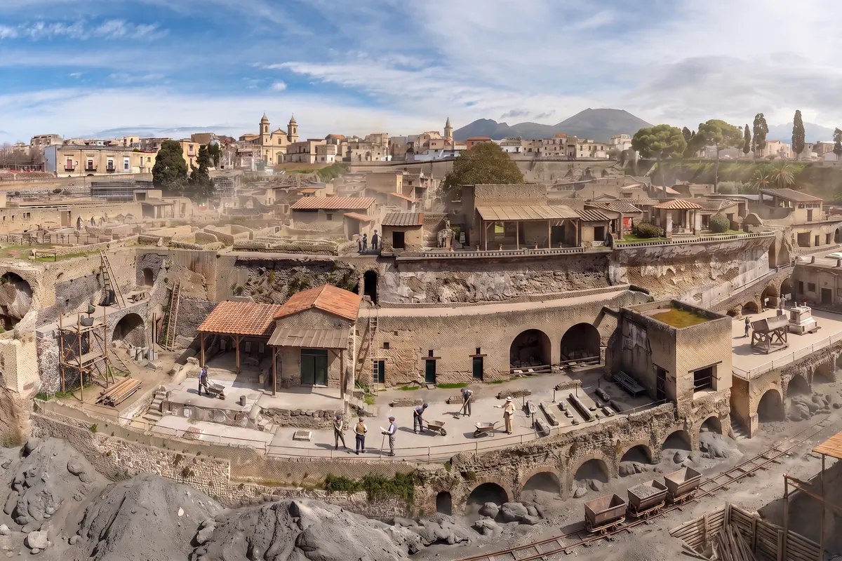 KI-Vision: die Ausgrabung von Herculaneum um 1935, die Gewölbe noch halb im grauen Vulkangestein, die oberen Häuser mit neuen Schutzdächern, Feldbahngleise und Loren, Gerüste, Arbeiter mit Schubkarren, Amedeo Maiuri im hellen Anzug