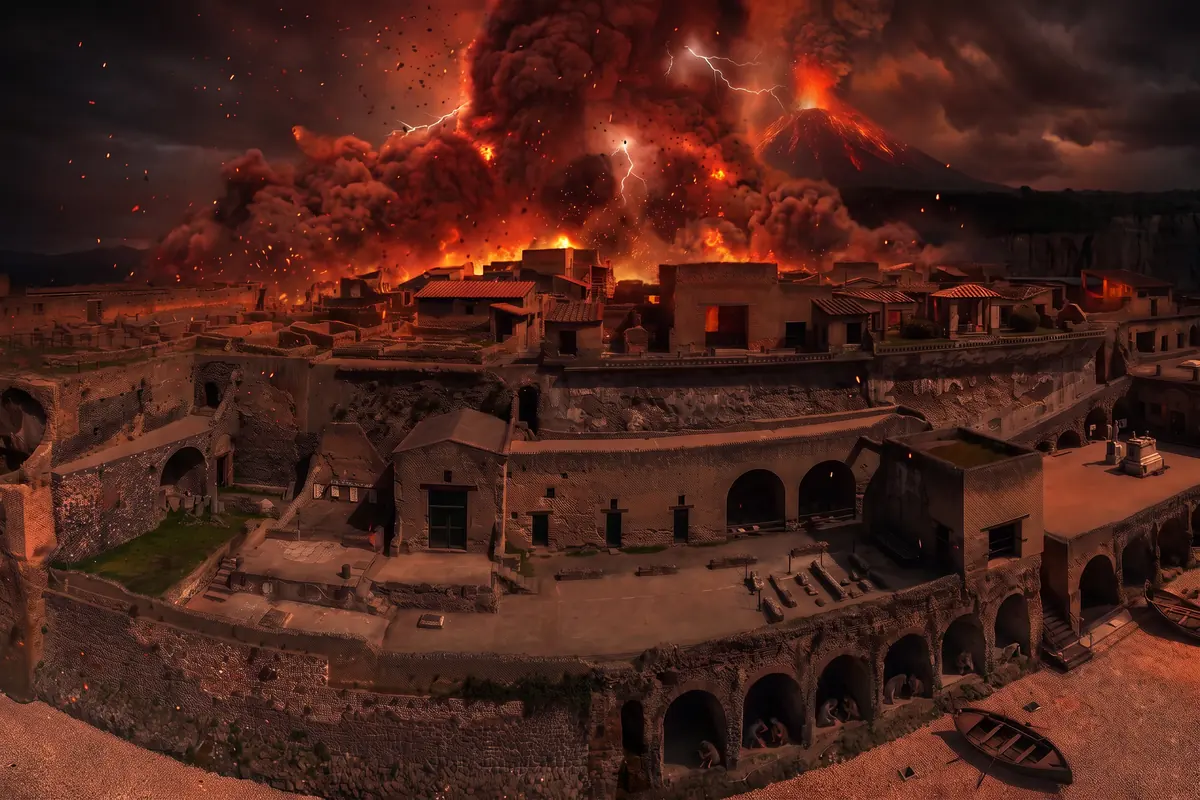 KI-Vision: Herculaneum in der Nacht des Ausbruchs, eine glühende Wand aus Asche rollt vom Vesuv über die Stadt, Blitze in der Wolke, das Meer schwarz mit rotem Widerschein, umgestürzte Boote, Menschen in den Gewölben