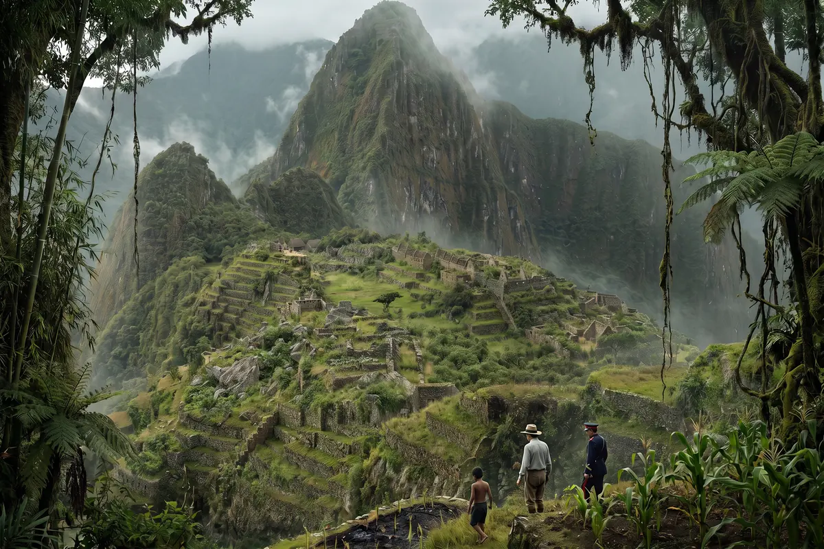 KI-Vision: Machu Picchu am 24. Juli 1911 fast vollständig unter Urwald, Bambus und Ranken, nur Mauerkanten und Terrassen schimmern durch den Nebel, klein drei Figuren: Hiram Bingham mit Hut, Sergeant Carrasco in Uniform und der Junge Pablito