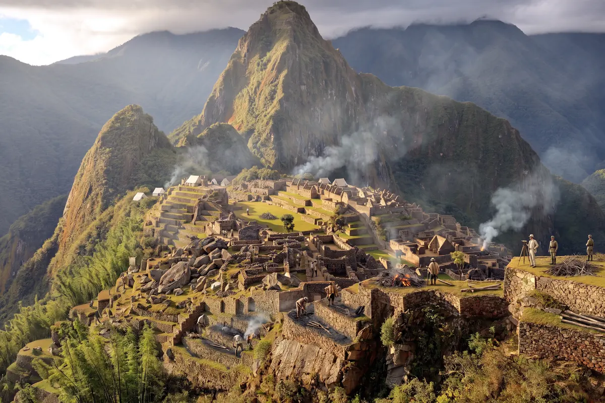 KI-Vision: Machu Picchu 1912 während der Freilegung durch die Yale-Peruvian Expedition, Arbeiter roden und verbrennen Gestrüpp, Rauchsäulen über den Terrassen, Zelte, freigelegte Mauern zwischen halbem Urwald, ein Vermessungsgerät