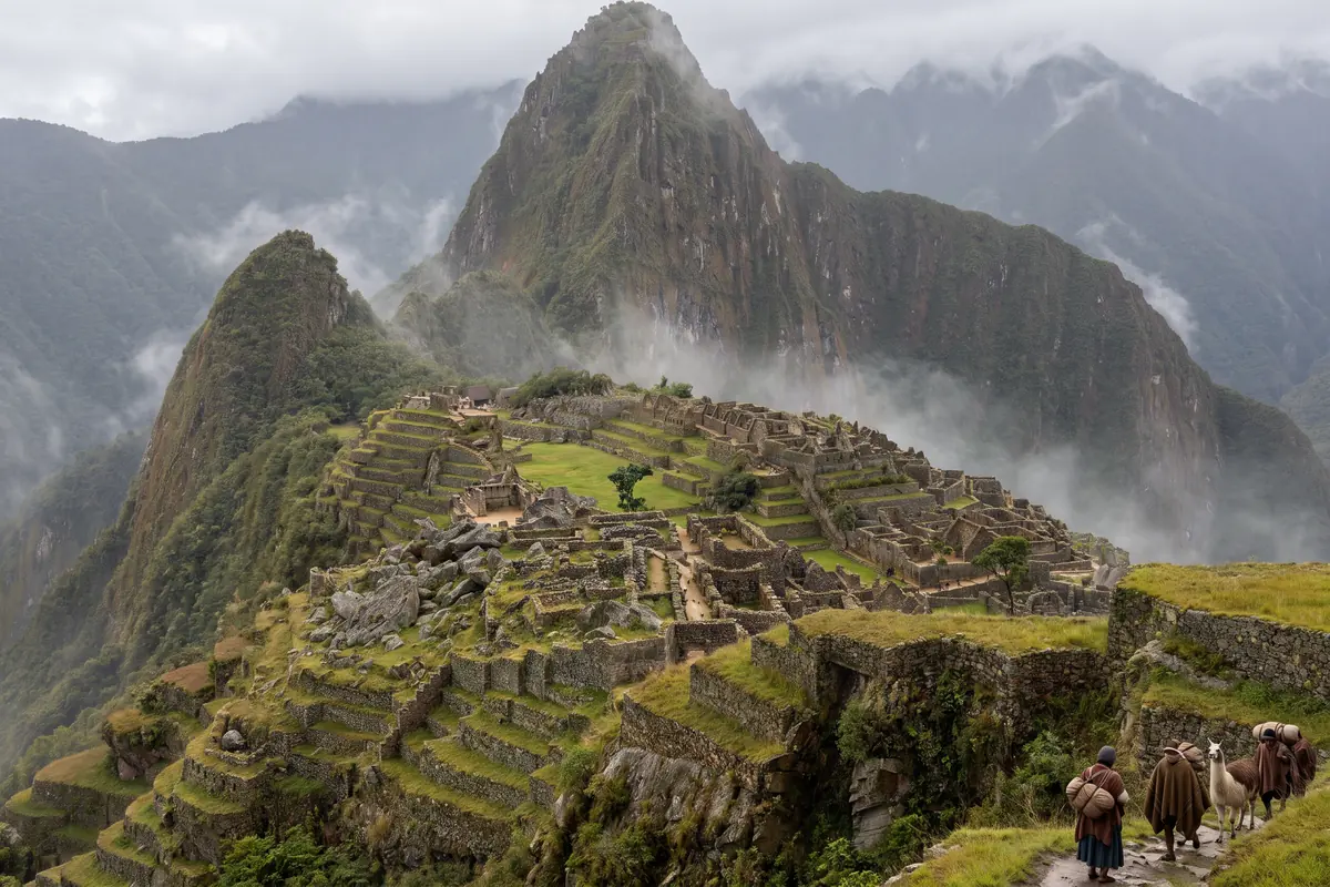 KI-Vision: Machu Picchu 1572, die Stadt verlassen, Strohdächer eingefallen oder vermoost, Terrassen verwildert, Nebel im Tal, erste Bäume in den Höfen, ein kleiner Trupp mit Lasten auf dem Weg hinab