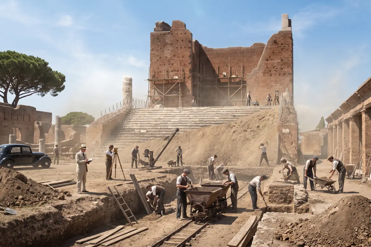 AI vision: the excavation of the forum of Ostia around 1940, the Capitolium uncovered, the steps half out of the earth, narrow-gauge rails with tipping wagons, spoil heaps, scaffolding, dozens of workmen with picks and wheelbarrows, a man in a light suit with a notebook