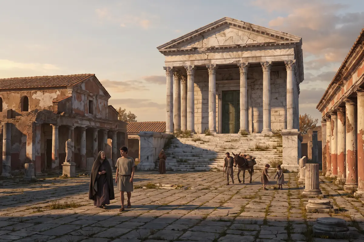 AI vision: the forum of Ostia on an autumn evening in 387, the temple still with marble and columns but weathered, grass between the slabs, empty statue bases, in the evening light an elderly woman in a dark cloak and a younger man in conversation