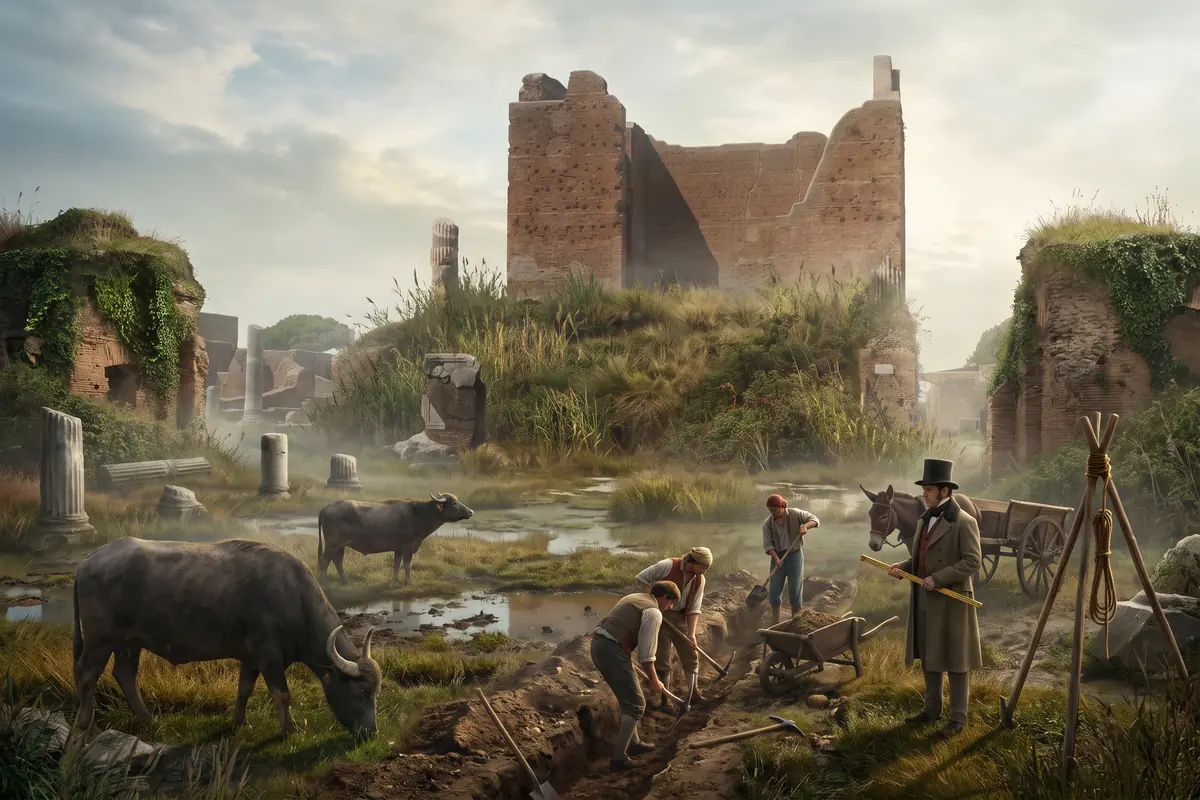 AI vision: the brick core of the Capitolium around 1804, buried to the podium in earth and reeds, marsh with pools of water, buffalo, workmen with picks in a trench, a gentleman in a top hat, a mule cart