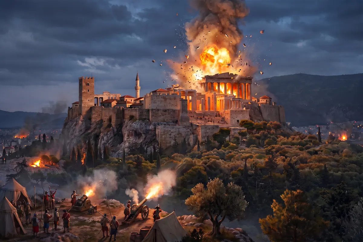 KI-Vision: die Explosion des Parthenon am 26. September 1687 vom Pnyx aus, Feuerball und Rauchsäule über der osmanischen Festung auf der Akropolis, venezianische Mörser im Vordergrund
