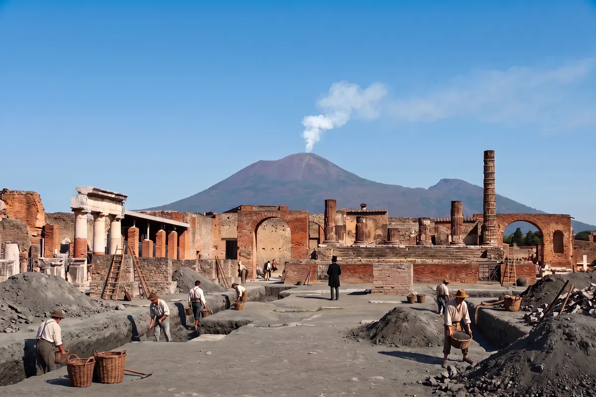 KI-Vision: Ausgrabung von Pompeji im 19. Jahrhundert, Arbeiter mit Körben zwischen Aushubhaufen, ein Mann mit Zylinder, halb freigelegte Ruinen des Forums, über dem Vesuv eine Rauchfahne