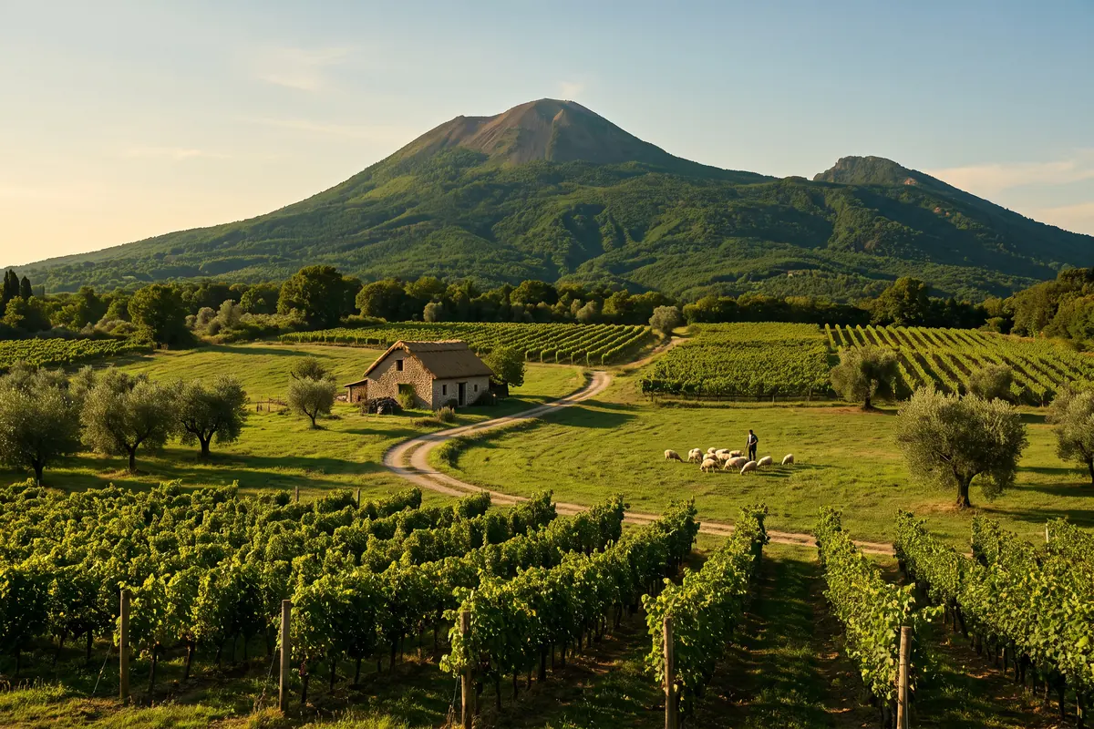 KI-Vision: Weinberge, Olivenbäume und ein Bauernhaus über dem verschütteten Pompeji um 1600, dahinter der bewaldete Vesuv