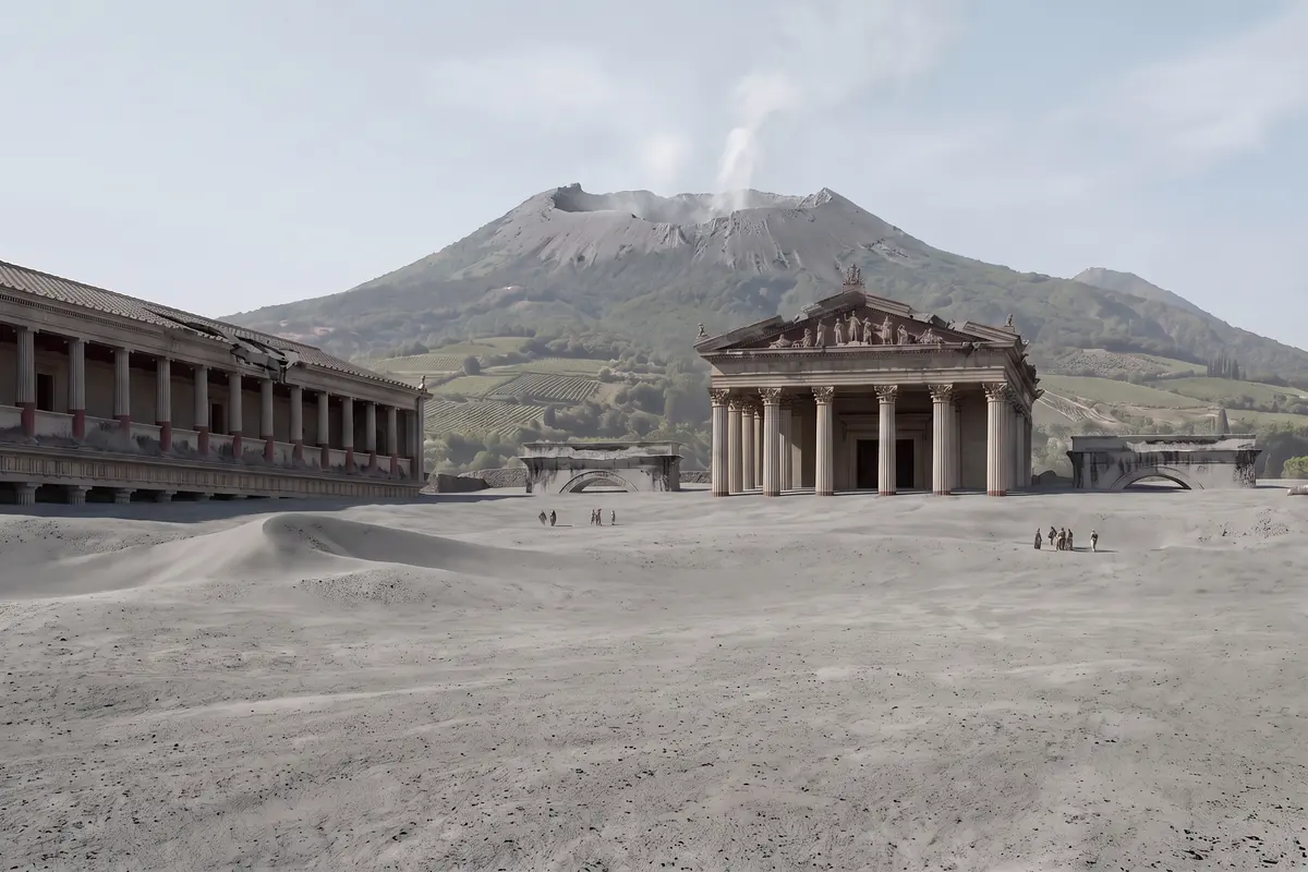 KI-Vision: Pompeji nach dem Ausbruch, das Forum unter Bimsstein und Asche begraben, nur Tempeldach und Oberkanten der Bauten ragen heraus, winzige Gestalten graben