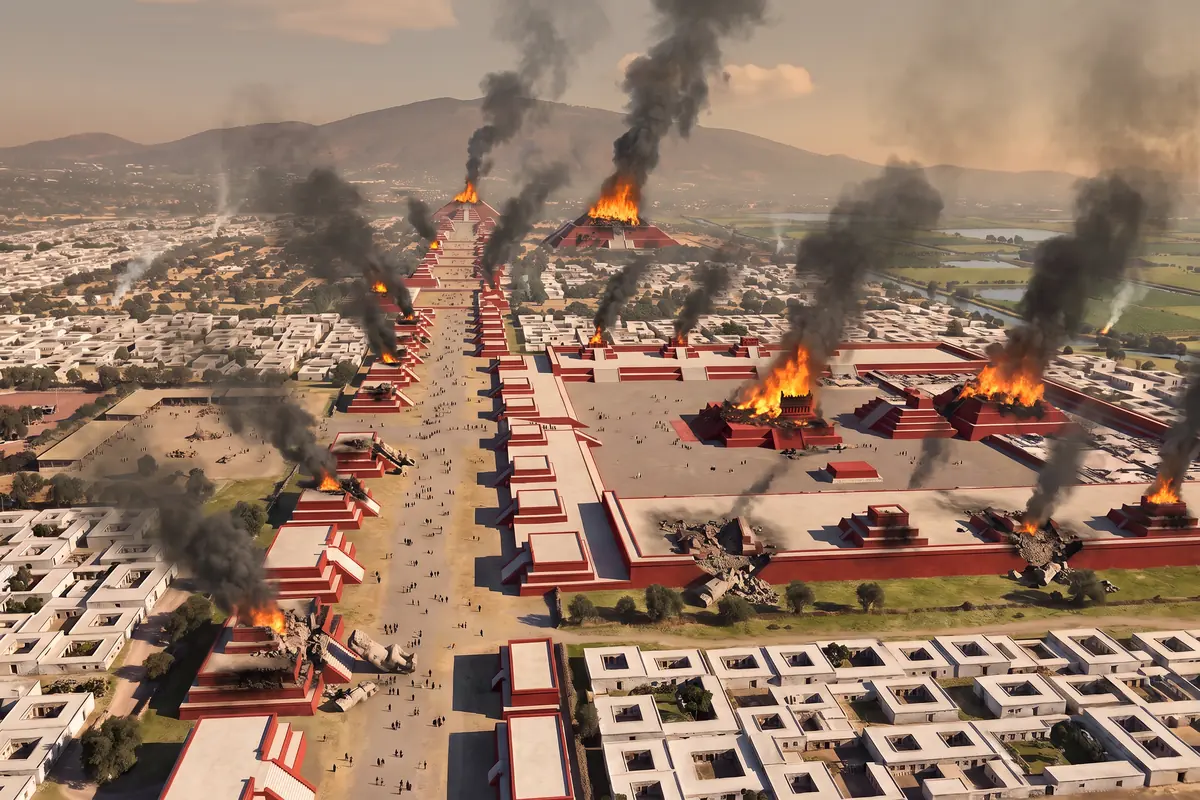 KI-Vision: der große Brand von Teotihuacán um 550 n. Chr. aus der Luft, Rauchsäulen über den Tempeln der Straße der Toten, der Ciudadela und der Sonnenpyramide, die Wohnviertel ringsum unversehrt