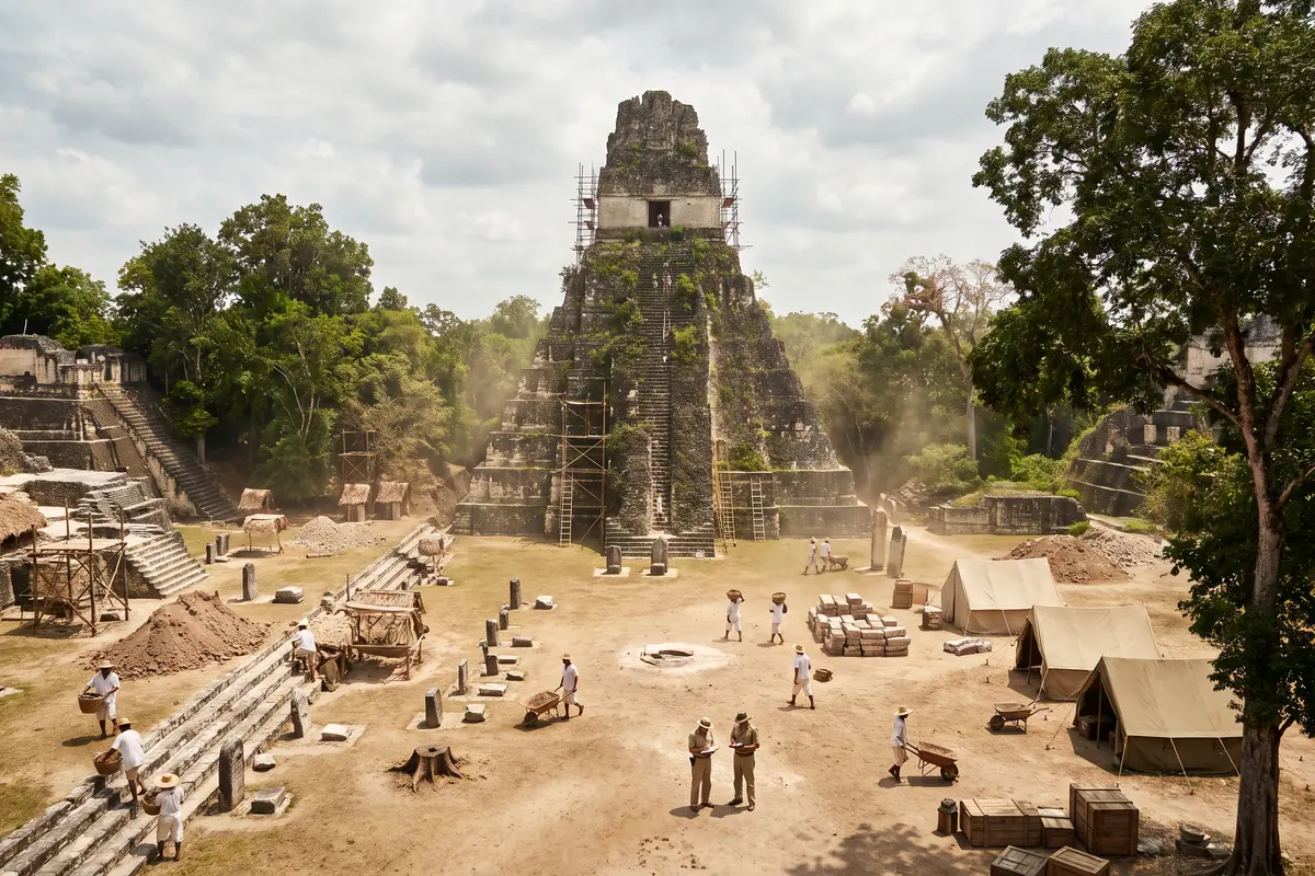 KI-Vision: die Ausgrabung der Großen Plaza von Tikal um 1960, Tempel I mit Holzgerüsten, gerodete Plaza mit Baumstümpfen, Zelte, Schubkarren, Arbeiter aus dem Petén