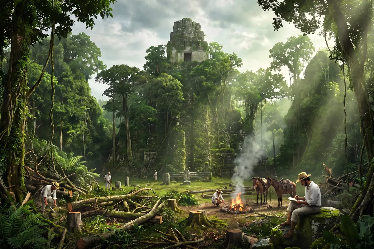 KI-Vision: Tikal 1848, Tempel I als bewaldeter Hügel, nur der Dachkamm ragt aus dem Wald, Männer mit Macheten, ein Zeichner mit Skizzenblock, Lagerfeuer, Maultiere