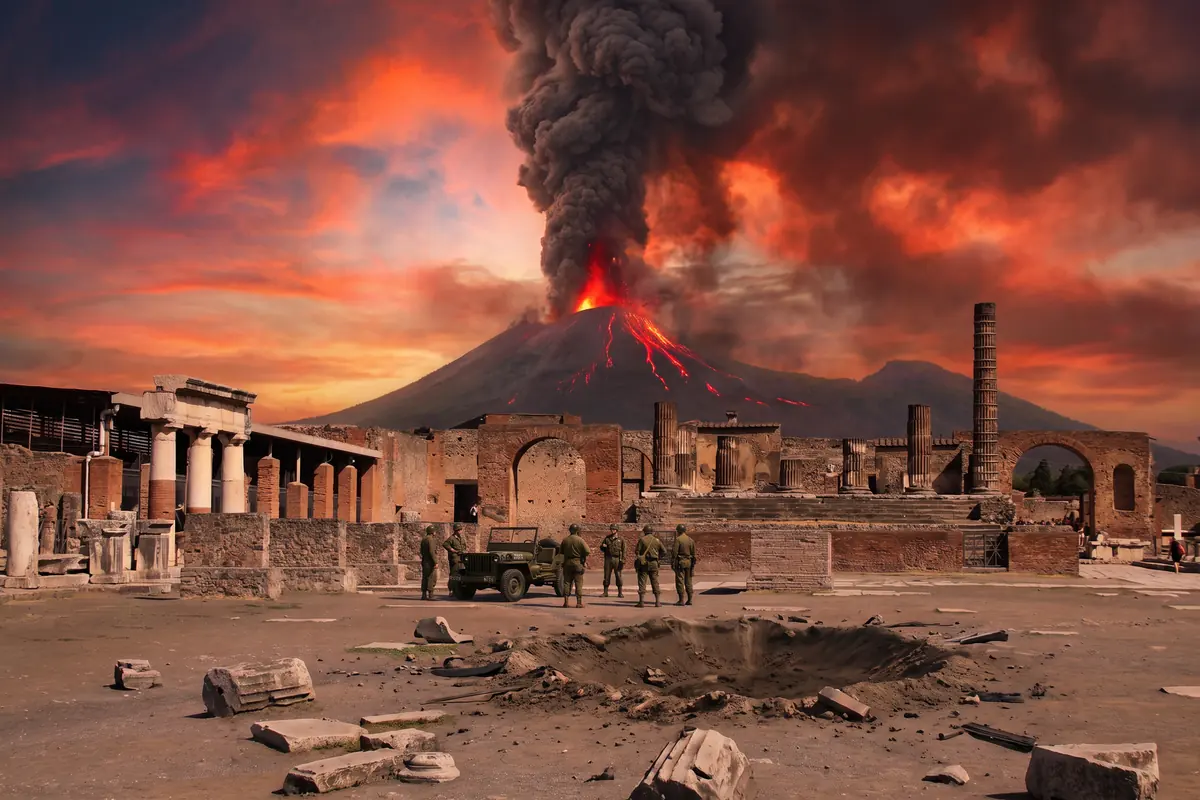 KI-Vision: letzter Ausbruch des Vesuv im März 1944 über den Ruinen von Pompeji, Lava an der Flanke, Soldaten und ein Jeep neben einem Bombentrichter auf dem Forum